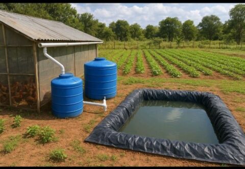 Farm shed gutter feeding blue rainwater tanks and a lined pond